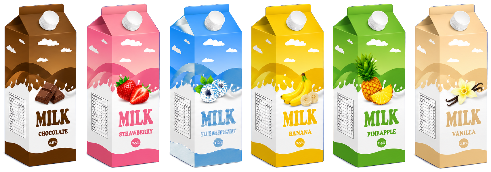 Milk flavors: chocolate, strawberry, blue raspberry, banana, pineapple, vanilla and more